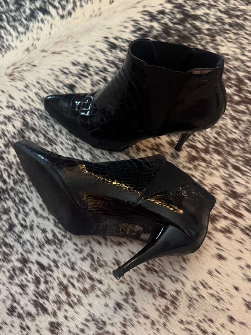 Prada Black Croc Embossed Patent Leather Pointed Ankle Booties Size 37 - Picture 11 of 11
